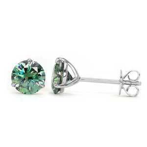 Ready Made | 0.8 Carat Green Moissanite Solitaire Earrings in 18K White Gold 3 Prong Martini Setting - LeCaine Gems