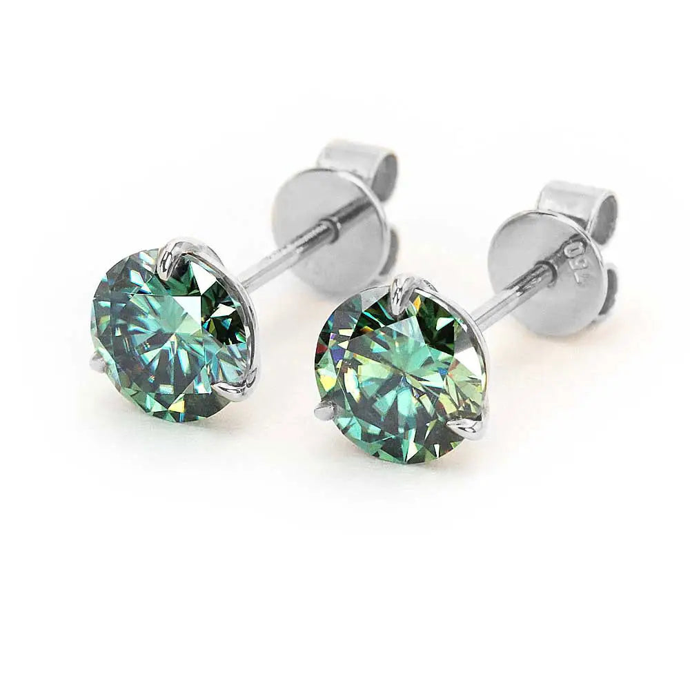 Ready Made | 0.8 Carat Green Moissanite Solitaire Earrings in 18K White Gold 3 Prong Martini Setting - LeCaine Gems