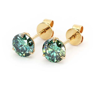 Ready Made | 0.8 Carat Green Moissanite Solitaire Earrings in 18K Yellow Gold 3 Prong Martini Setting - LeCaine Gems