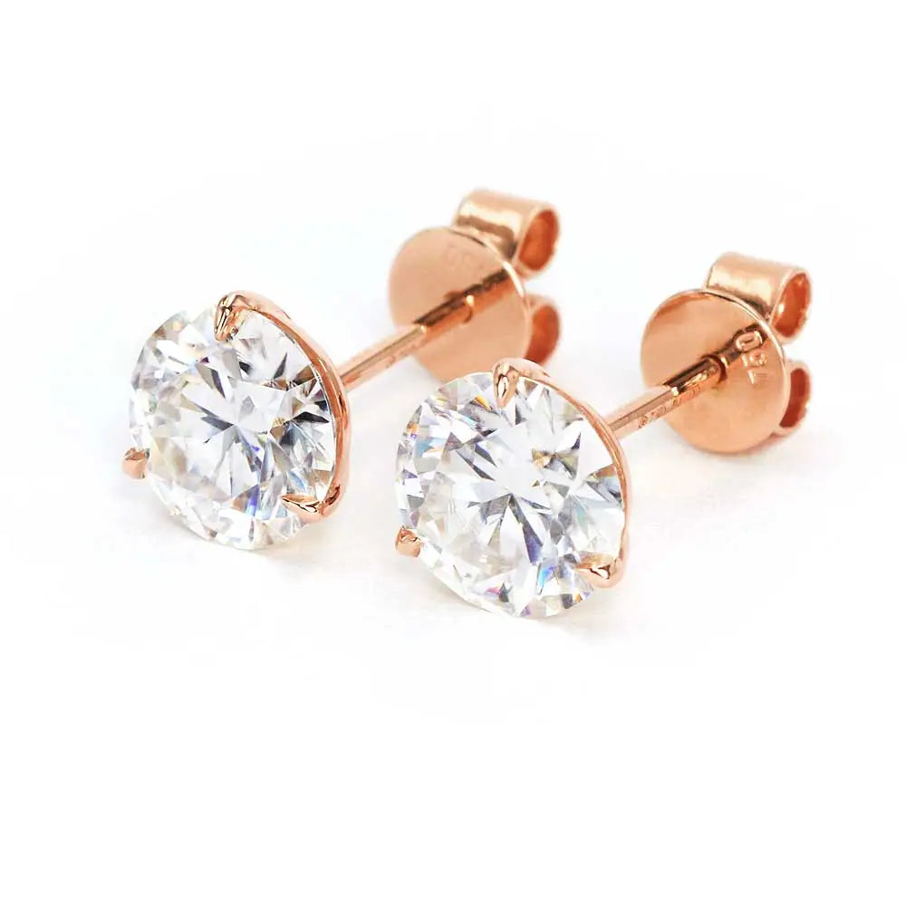 Ready Made | 0.8 Carat Moissanite Solitaire Earrings in 18K Solid Rose Gold 3 Prong Martini Setting - LeCaine Gems