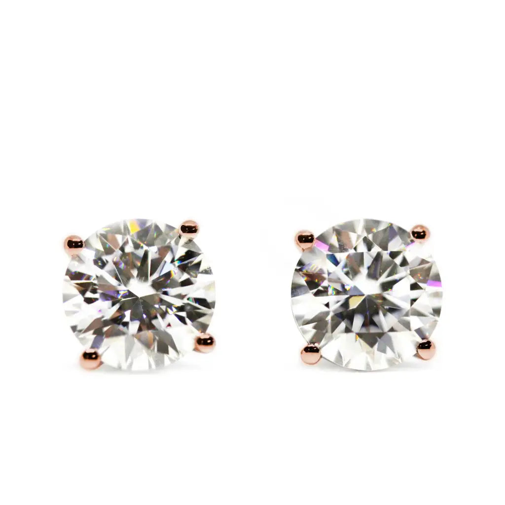 Ready Made | 1.5 Carat Moissanite Solitaire Earrings in 18K Rose Gold Basket Setting - LeCaine Gems