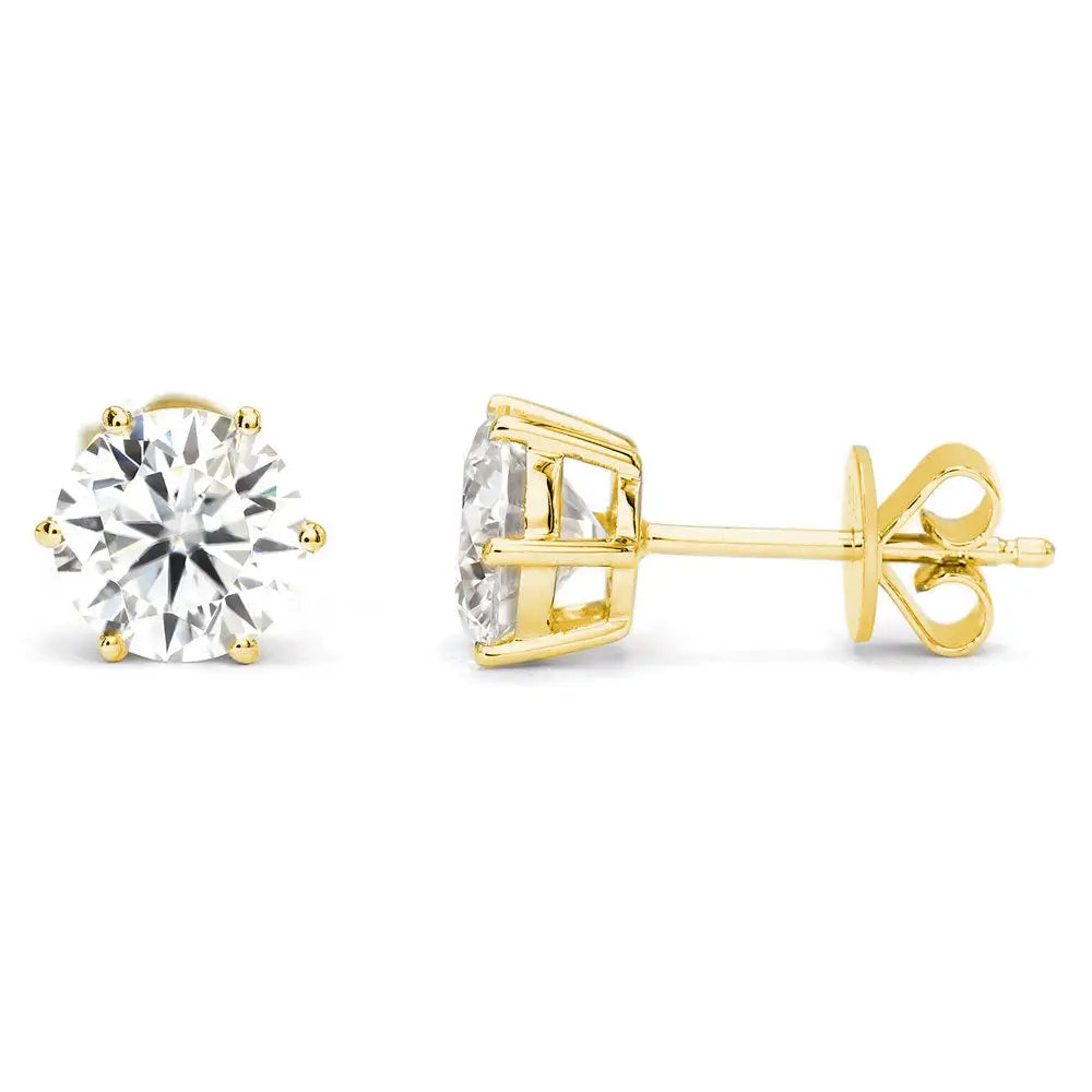 Ready Made | 1.5 Carat Moissanite Solitaire Earrings in 18K Yellow Gold 6 Prongs Basket Setting - LeCaine Gems