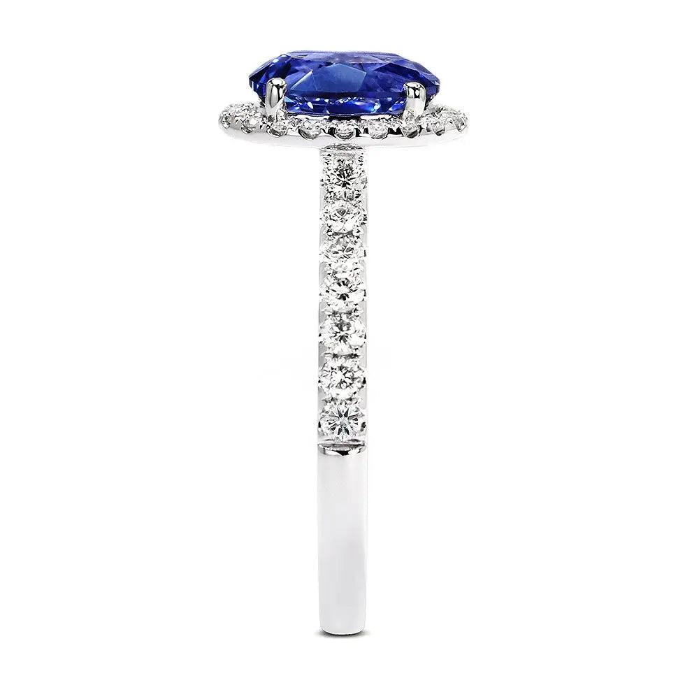 Ready Made | 1.6 Carat Royal Blue Oval Lab Grown Sapphire with Halo Ring in 18K White Gold - LeCaine Gems