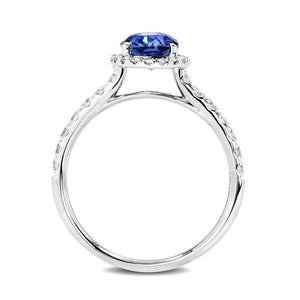 Ready Made | 1.6 Carat Royal Blue Oval Lab Grown Sapphire with Halo Ring in 18K White Gold - LeCaine Gems