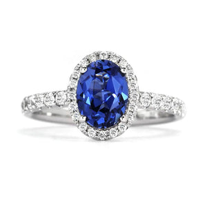 Ready Made | 1.6 Carat Royal Blue Oval Lab Grown Sapphire with Halo Ring in 18K White Gold - LeCaine Gems