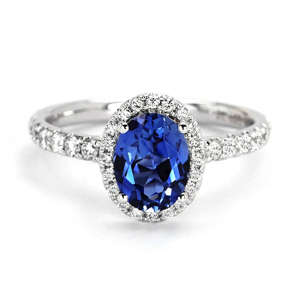 Ready Made | 1.6 Carat Royal Blue Oval Lab Grown Sapphire with Halo Ring in 18K White Gold - LeCaine Gems