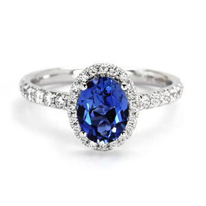 Ready Made | 1.6 Carat Royal Blue Oval Lab Grown Sapphire with Halo Ring in 18K White Gold - LeCaine Gems