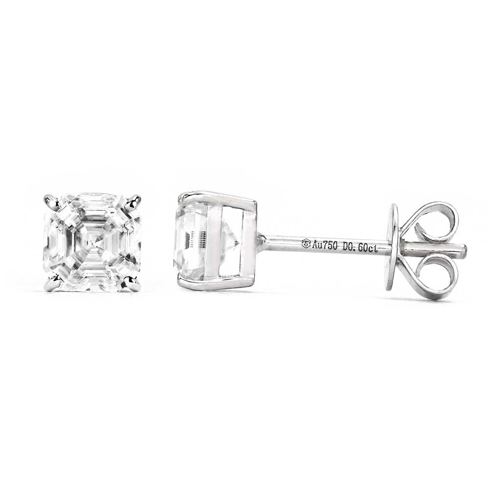 Ready Made | 1 Carat Asscher Moissanite 18K White Gold Stud Earrings With Basket Setting - LeCaine Gems