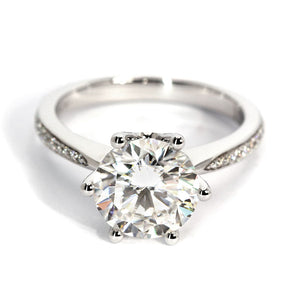 Ready Made | 1 Carat Astrid Round Moissanite with Accent Tapered Band Ring in Platinum - LeCaine Gems