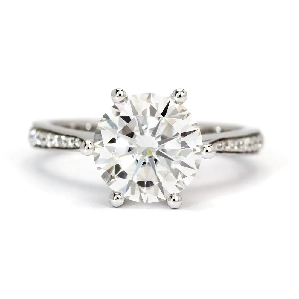 Ready Made | 1 Carat Astrid Round Moissanite with Accent Tapered Band Ring in Platinum - LeCaine Gems