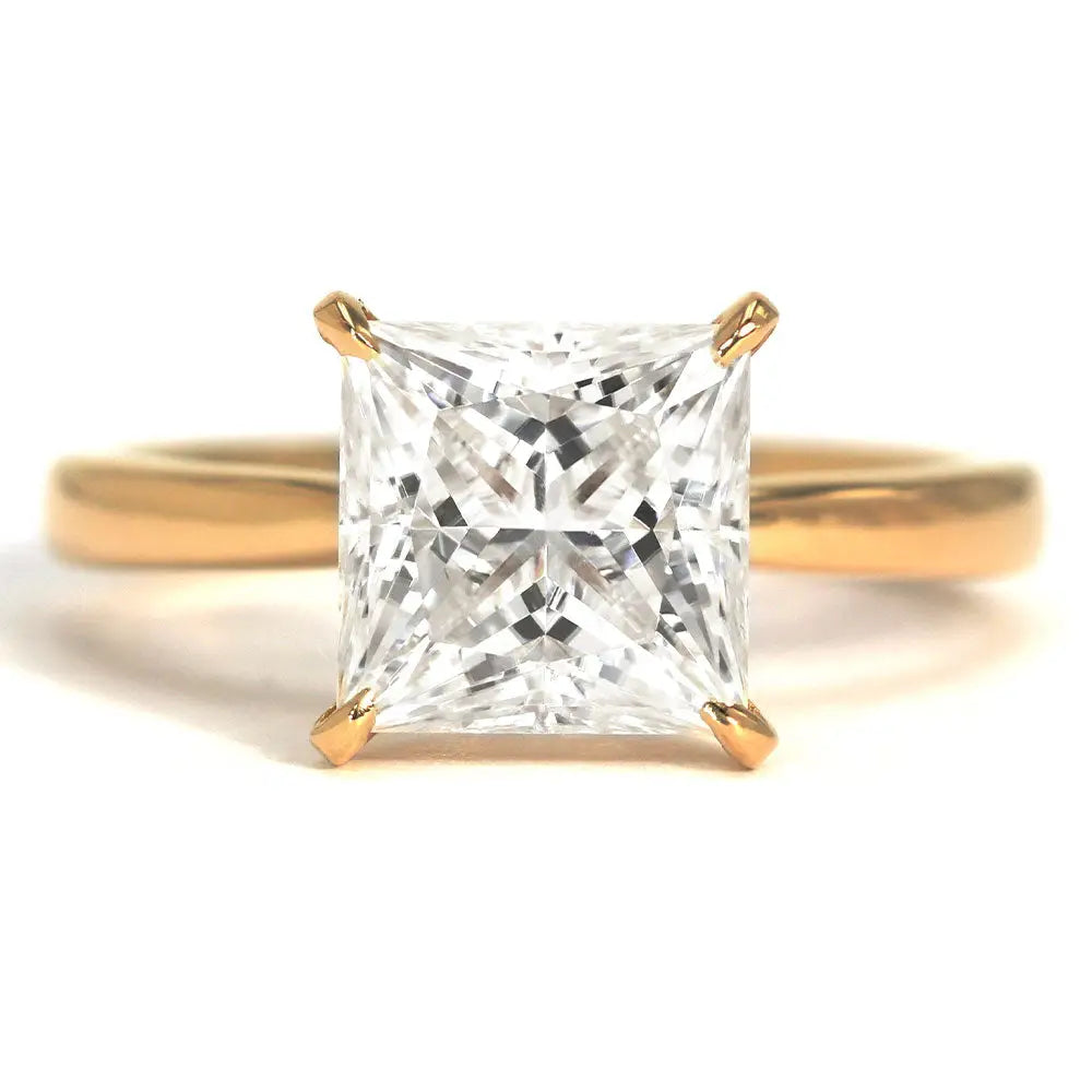 Ready Made | 1 Carat Beatrice Princess Moissanite Solitaire in 4 Prong Setting Ring in 18K Yellow Gold - LeCaine Gems