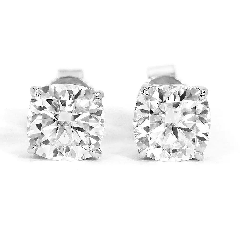 Ready Made | 1 Carat Cushion Cut Moissanite Solitaire in Basket Setting Stud Earrings in 18K White Gold - LeCaine Gems