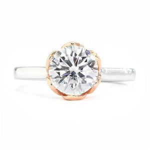 Ready Made | 1 Carat Fiore Round Moissanite Flower Petal Setting Solitaire Duo Tone Ring in 18K Gold - LeCaine Gems