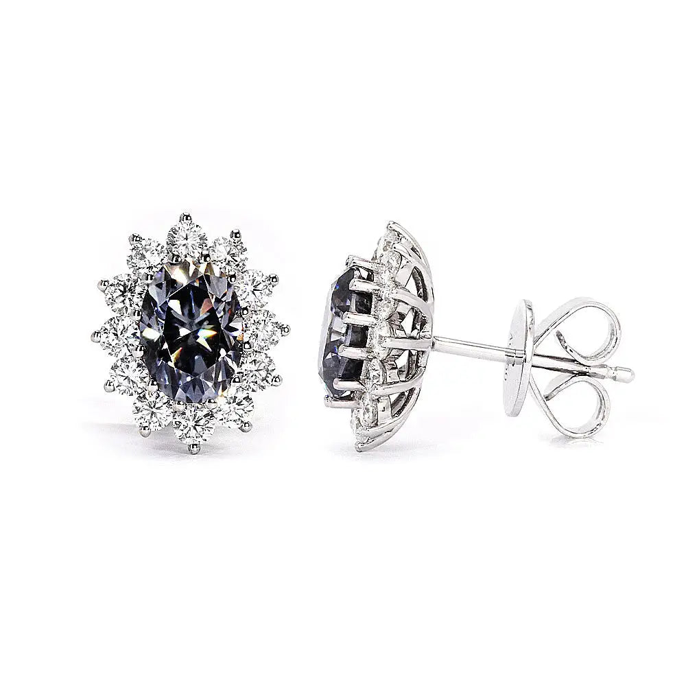 Ready Made | 1 Carat Grey Oval Vintage Halo Moissanite Stud Earrings 18K White Gold - LeCaine Gems