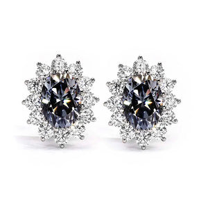 Ready Made | 1 Carat Grey Oval Vintage Halo Moissanite Stud Earrings 18K White Gold - LeCaine Gems