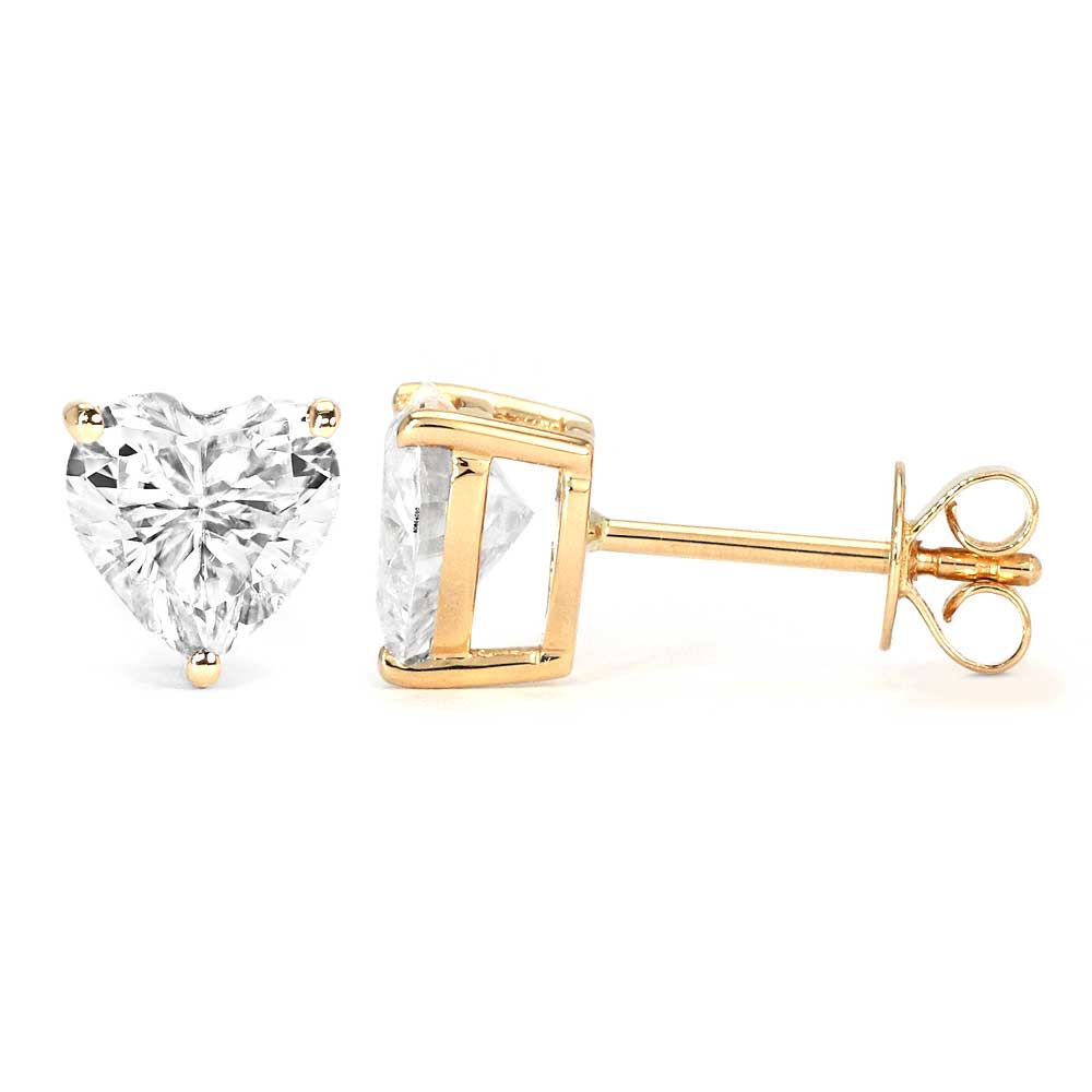 Ready Made | 1 Carat Heart Shaped Moissanite Stud Earrings with Basket Setting 18K Yellow Gold - LeCaine Gems