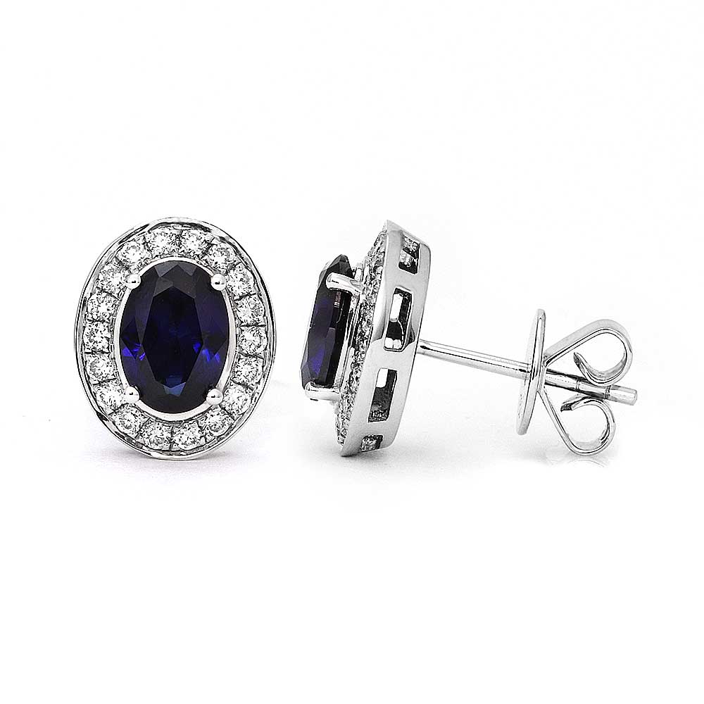 Ready Made | 1 Carat Intense Blue Oval Lab Grown Sapphire with Halo Stud Earrings in 18K White Gold - LeCaine Gems