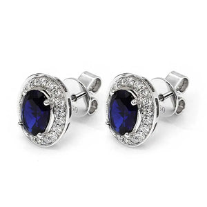 Ready Made | 1 Carat Intense Blue Oval Lab Grown Sapphire with Halo Stud Earrings in 18K White Gold - LeCaine Gems
