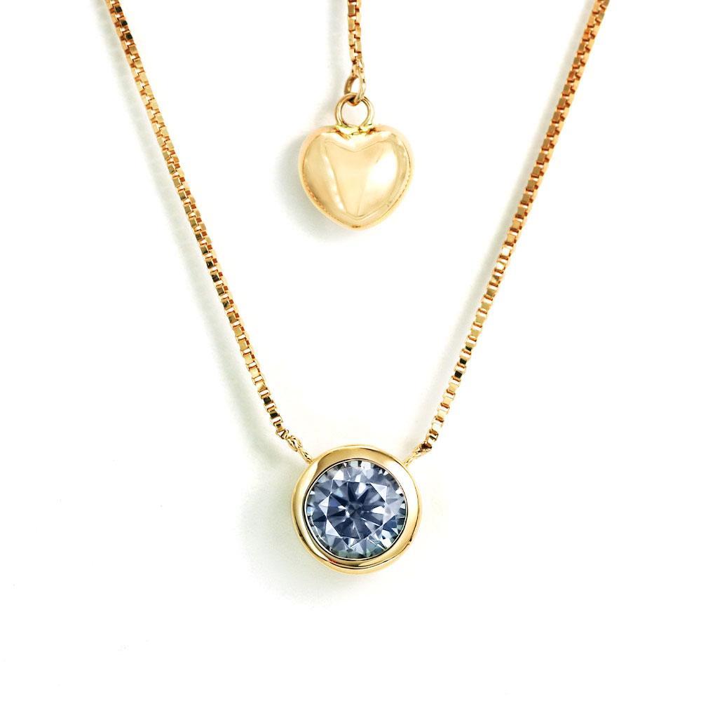 Ready Made | 1 Carat Light Blue Grey Moissanite Round Solitaire Bezel 18K Yellow Gold Pendant with Heart Chain - LeCaine Gems