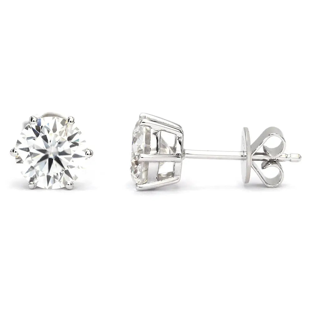 Ready Made | 1 Carat Moissanite Solitaire Earrings in 18K White Gold 6 Prongs Basket Setting - LeCaine Gems