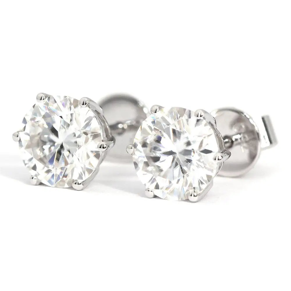 Ready Made | 1 Carat Moissanite Solitaire Earrings in 18K White Gold 6 Prongs Basket Setting - LeCaine Gems