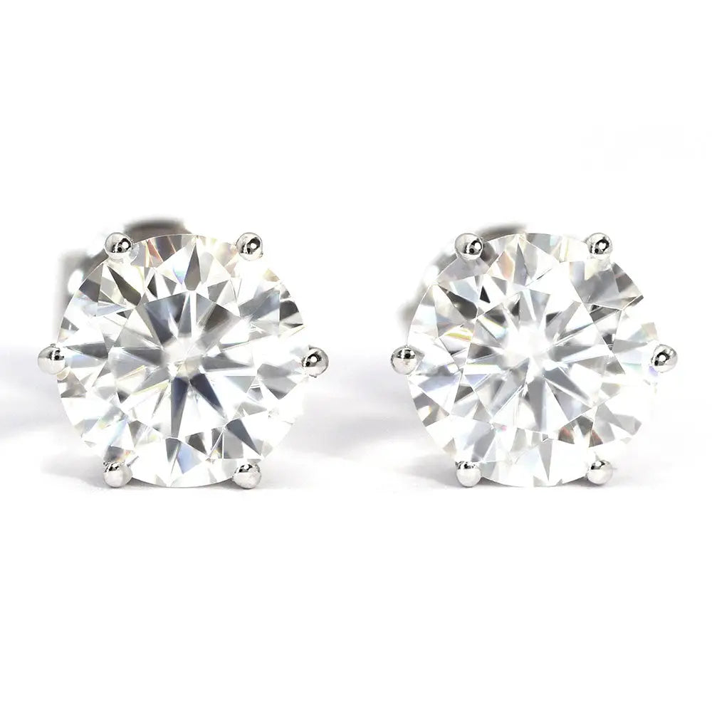 Ready Made | 1 Carat Moissanite Solitaire Earrings in 18K White Gold 6 Prongs Basket Setting - LeCaine Gems