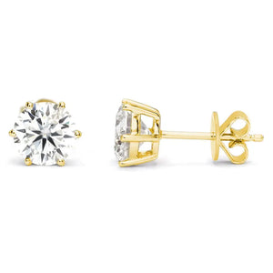 Ready Made | 1 Carat Moissanite Solitaire Earrings in 18K Yellow Gold 6 Prongs Basket Setting - LeCaine Gems