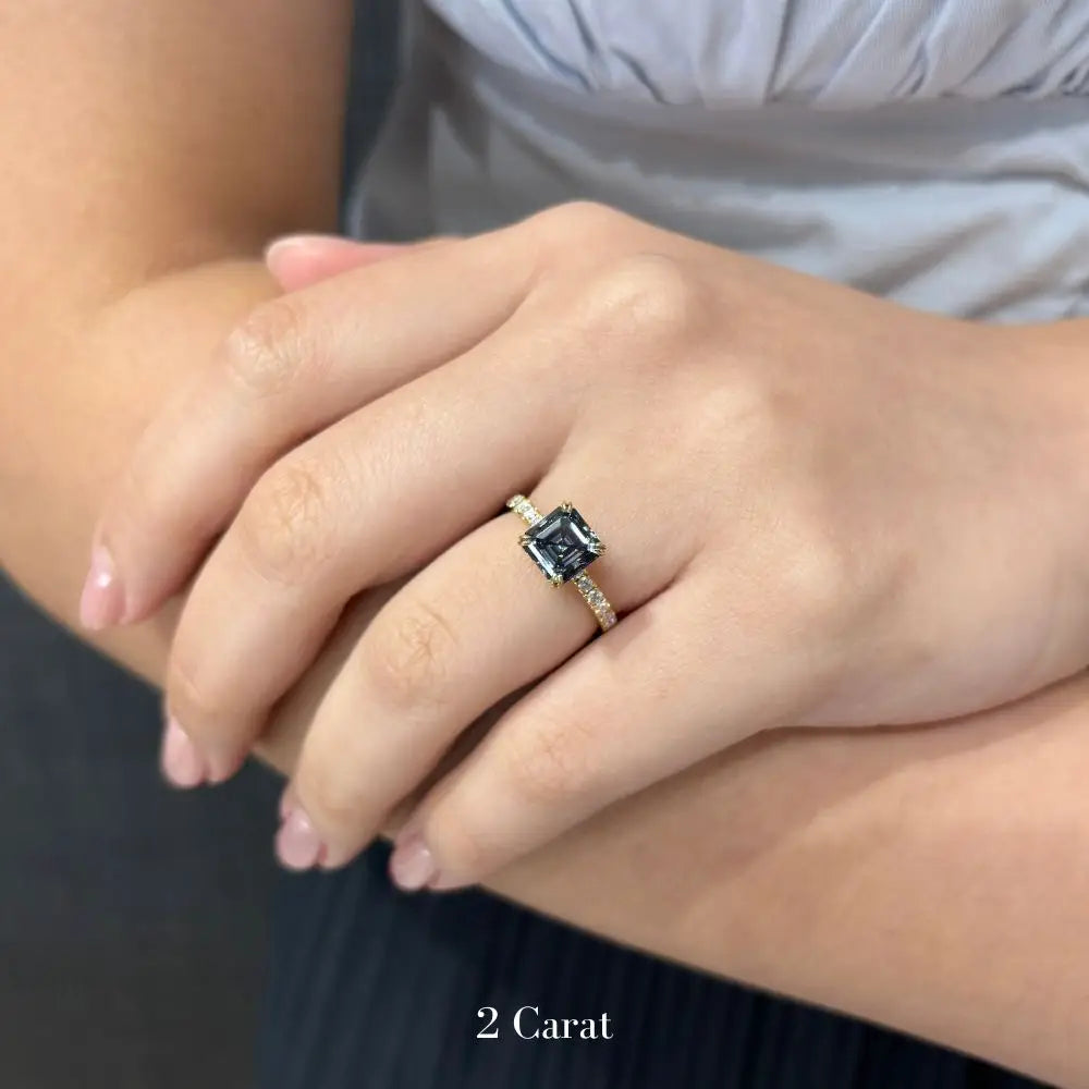 Marlow Asscher Grey Blue Moissanite with Pave Band Ring in 18K Yellow Gold - LeCaine Gems