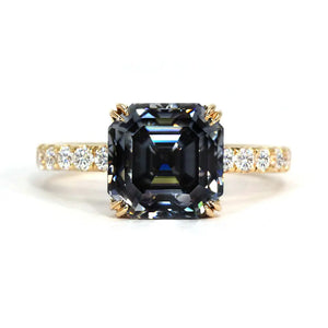 Ready Made | 2 Carat Marlow Asscher Grey Blue Moissanite with Pave Band Ring in 18K Yellow Gold - LeCaine Gems