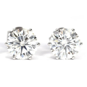 Ready Made | 2 Carat Moissanite Solitaire Earrings in 18K White Gold 6 Prongs Basket Setting - LeCaine Gems