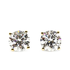 Ready Made | 2 Carat Moissanite Solitaire Earrings in 18K Yellow Gold Basket Setting - LeCaine Gems