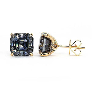 Ready Made | 3.5 Carat Grey Blue Asscher Cut Moissanite Stud Earrings 18K Yellow Gold - LeCaine Gems