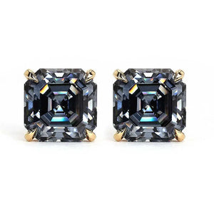 Ready Made | 3.5 Carat Grey Blue Asscher Cut Moissanite Stud Earrings 18K Yellow Gold - LeCaine Gems