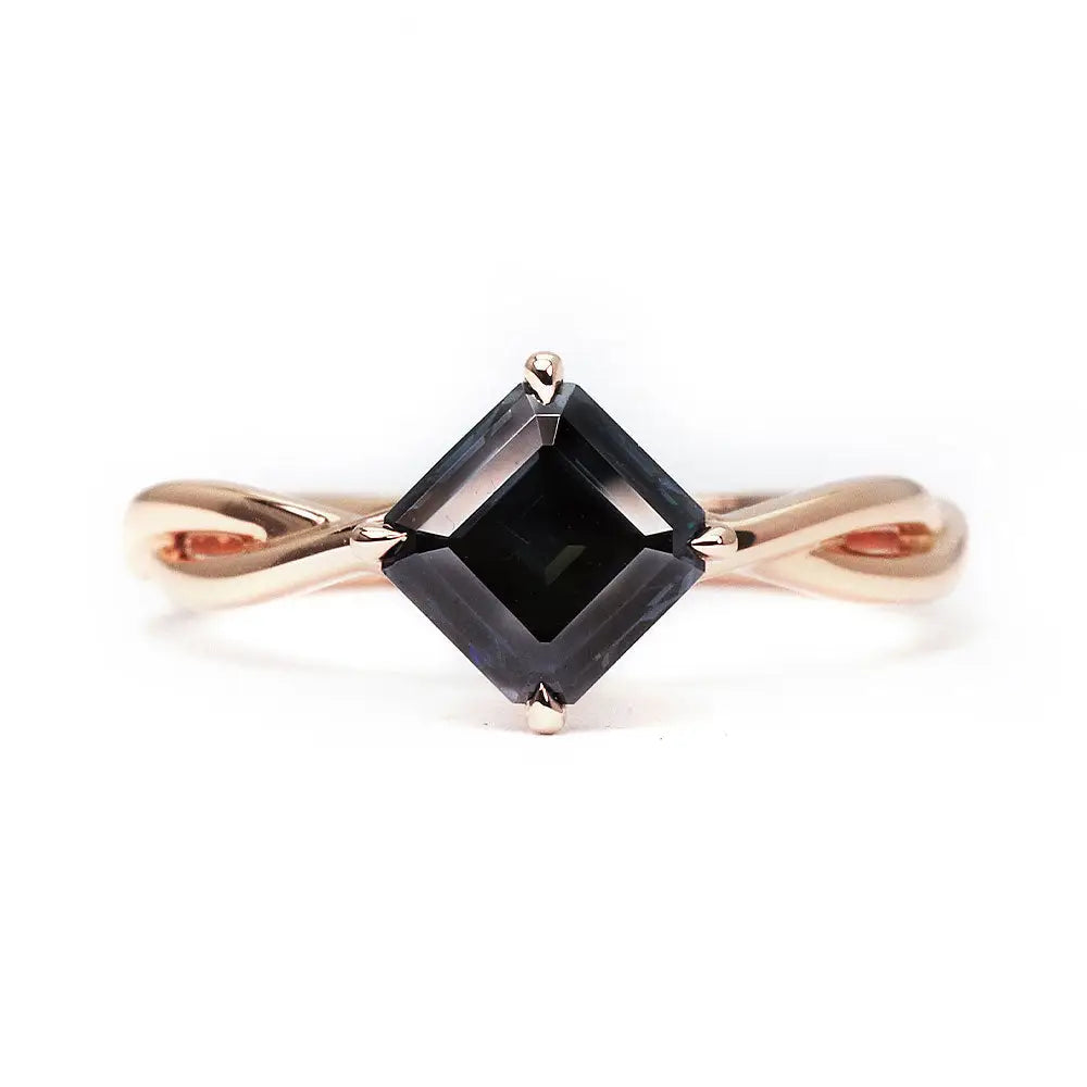 Ready Made | Bertha 1 Carat Asscher Dark Grey Blue Moissanite Ring in 18K Rose Gold - LeCaine Gems