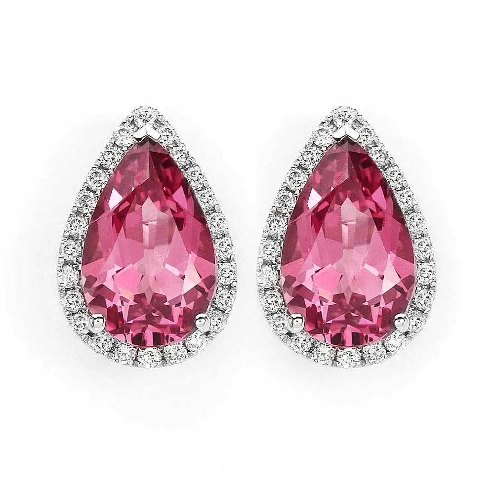 Ready Made | Coral Pink Sapphire Pear Cut Earrings in 18K Gold - LeCaine Gems