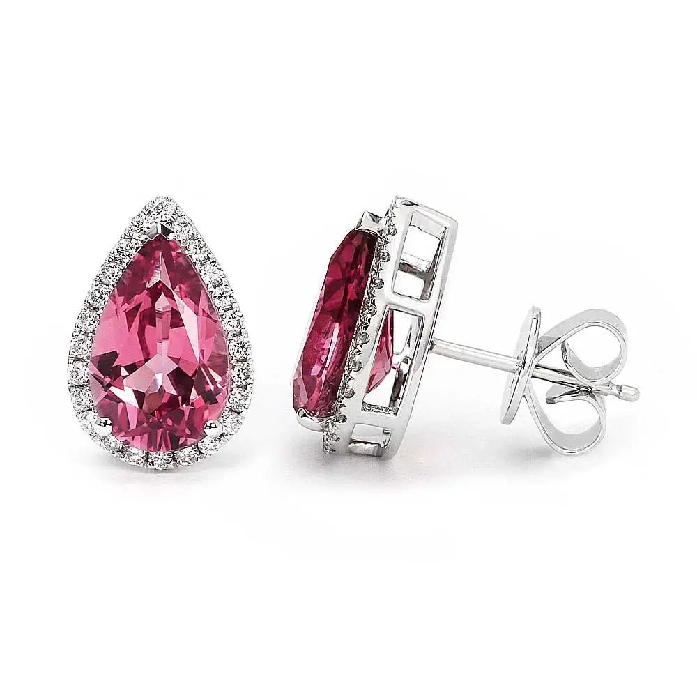 Ready Made | Coral Pink Sapphire Pear Cut Earrings in 18K Gold - LeCaine Gems