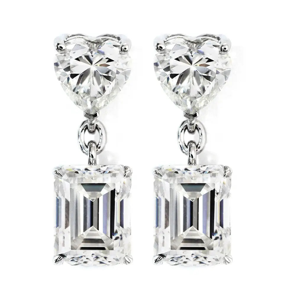 Ready Made | Dakota Emerald & Heart Moissanite Dangling Earrings in 18K White Gold - LeCaine Gems