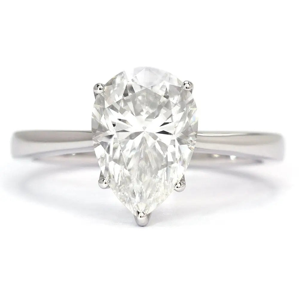 Ready Made | Rhea Pear 1.5 Carat Moissanite in Petal Setting Solitaire Ring in 18K White Gold - LeCaine Gems