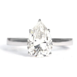 Ready Made | Rhea Pear 1.5 Carat Moissanite in Petal Setting Solitaire Ring in 18K White Gold - LeCaine Gems