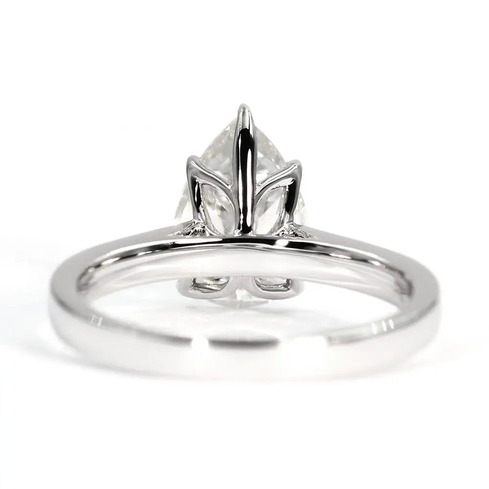 Ready Made | Rhea Pear 1.5 Carat Moissanite in Petal Setting Solitaire Ring in 18K White Gold - LeCaine Gems