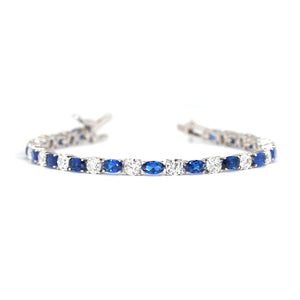 Ready Made | Rivera Round Moissanite with Lab Grown Blue Sapphire Tennis Bracelet in 18K White Gold - LeCaine Gems