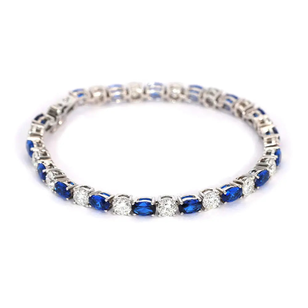 Ready Made | Rivera Round Moissanite with Lab Grown Blue Sapphire Tennis Bracelet in 18K White Gold - LeCaine Gems