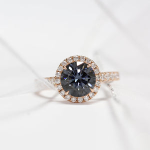 Reina Round Grey Blue Moissanite with Halo in Pave Band Ring in 18K gold - LeCaine Gems