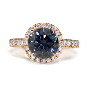 Reina Round Grey Blue Moissanite with Halo in Pave Band Ring in 18K gold - LeCaine Gems