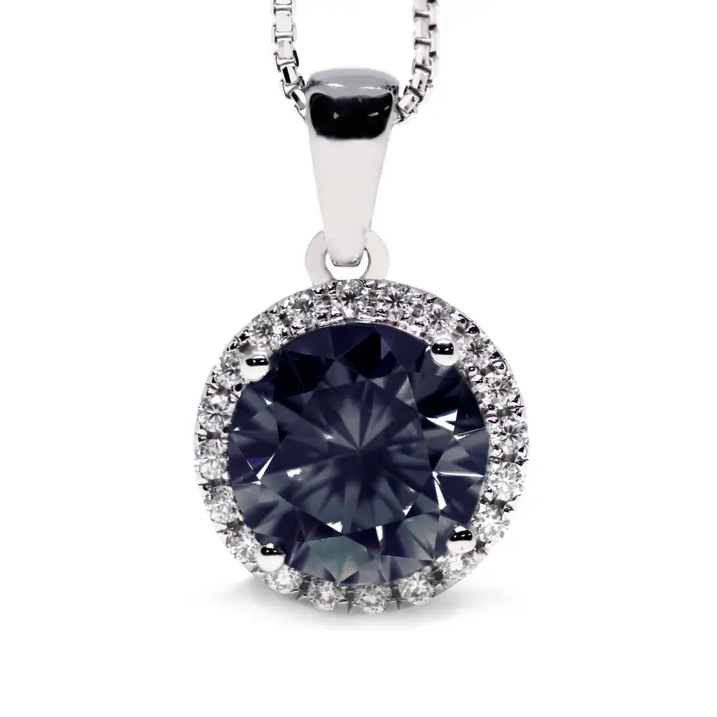 Reina Round Grey Blue Moissanite with Halo Pendant in 18K gold - LeCaine Gems