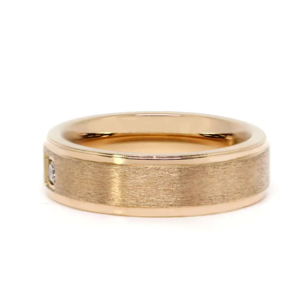 Reuben Satin Brushed with High Gloss Edge and Accented Matching Wedding Rings in 18K gold - LeCaine Gems