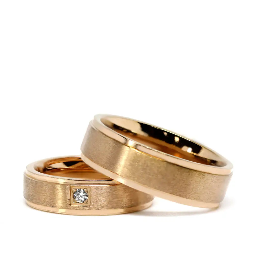 Reuben Satin Brushed with High Gloss Edge and Accented Matching Wedding Rings in 18K gold - LeCaine Gems