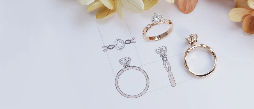 Rose gold engagement ring with a central diamond surrounded by smaller diamonds and an intricate band design.