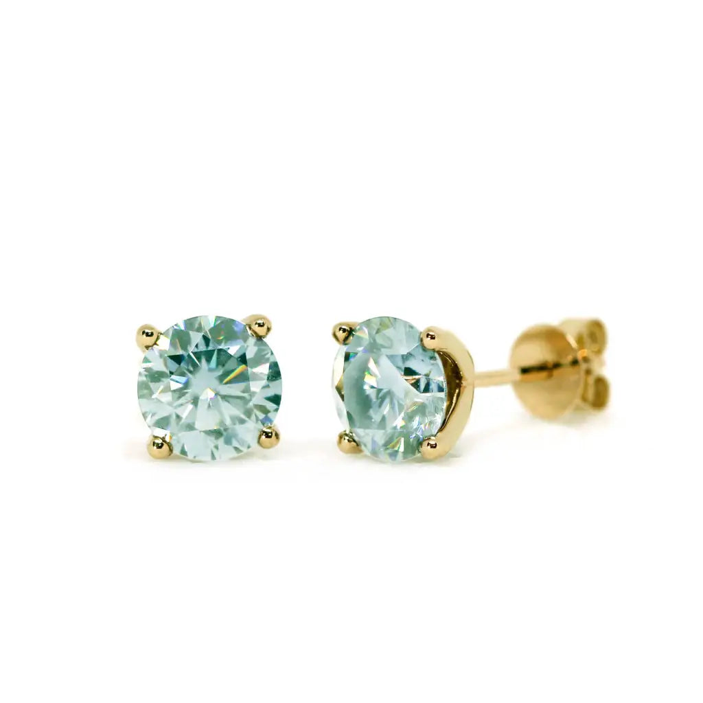 Round Mint Green Moissanite Solitaire in 4 Prong Setting Stud Earrings in 18K gold - LeCaine Gems