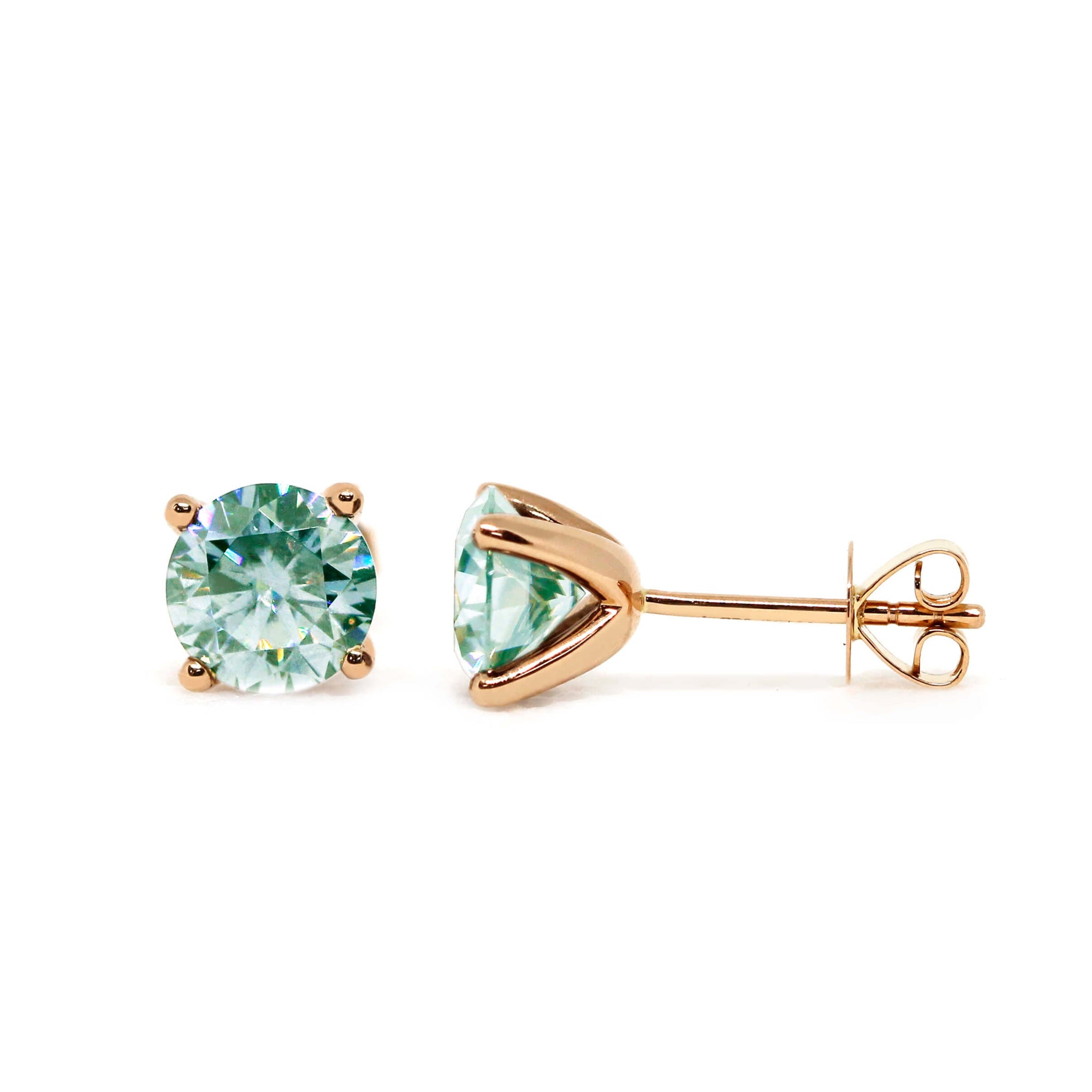 Round Mint Green Moissanite Solitaire in 4 Prong Setting Stud Earrings in 18K Rose gold - LeCaine Gems